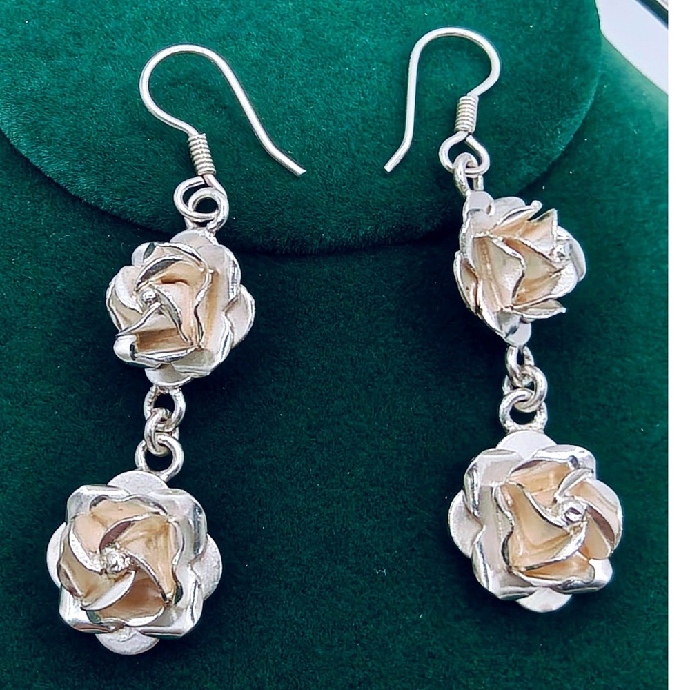 1950's Mexican Taxco 925 Sterling Silver Rose Floral Necklace Earrings Set TO-62 - Picture 3 of 9